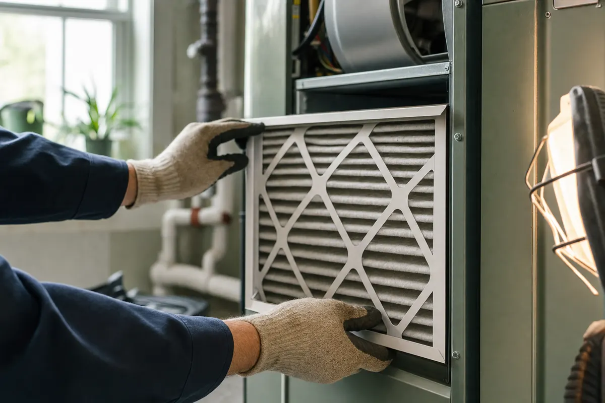 Technician replacing a pleated air filter in a high-efficiency residential furnace